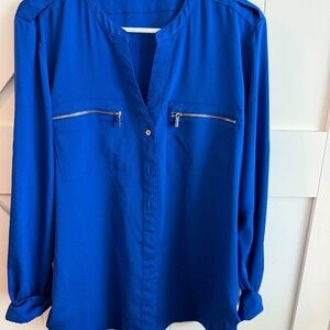 Calvin Klein Women Large Royal Blue  Button Down Long Sleeve Roll Tab Blouse Top